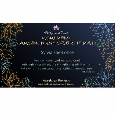 Ausbildungszertifikat für Sylvia Fae-Lohse, Reiki Grad 1
