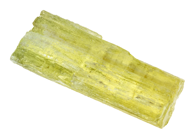 Ein länglicher, transparent gelber Kristall mit klaren Kanten.